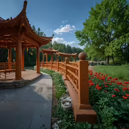 there are flowers and benches in a park
