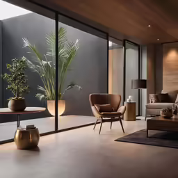 living room with large glass doors and planters