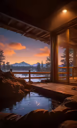 a covered deck overlooks the waters from the living room of a lake house