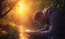 a man kneeling in the forest with his hands on a branch