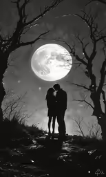a couple kiss in front of the moon on their halloween night