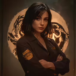 a woman in uniform standing with her arms folded