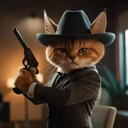 a cat dressed in a suit, hat and holding a rifle