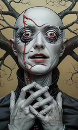 a woman with an odd looking face holds her hand to her heart