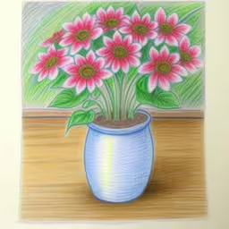 a painting of pink flowers in a blue vase,a painting of some flowers that are in a vase,a drawing of a potted plant with pink flowers,an artwork that has pink flowers in a pot,a pastel drawing of pink flowers in a blue vase
