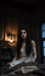 a woman sitting on a bed in a room