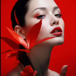 a woman in red is looking off into the distance