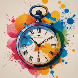 an analog clock with artistic paint splatters behind it