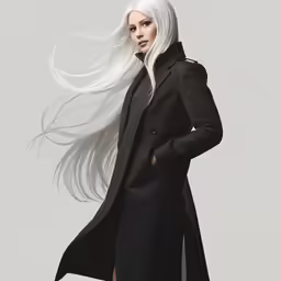 a woman with long white hair standing and wearing a coat
