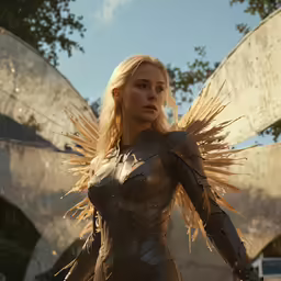 a blonde haired girl with an enormous pair of wings stands next to a statue