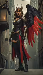 a woman wearing a costume standing on top of a street