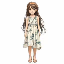 the little girl is dressed in an outfit and sandals