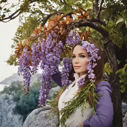 a woman holding bunches of flowers on a tree
