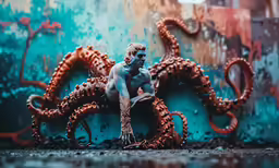 a small model of a man with an octopus in his hand