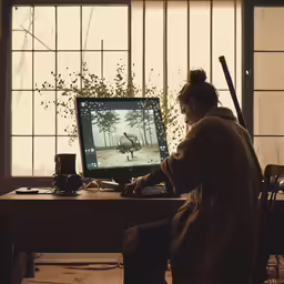 woman sitting at desk in front of computer in darkened room