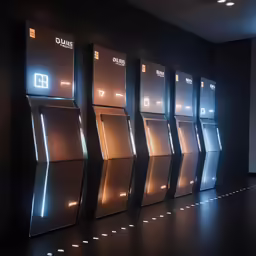 four television screens on display in the dark