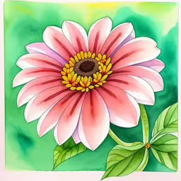 painting of a large pink flower with green leaves,a pink and white flower with green leaves on a watercolor background,a painting of a pink flower with green leaves,a flower painted on green background with white border,a pink flower with green leaves on a white background