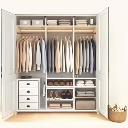 a closet filled with lots of white shoes and clothes