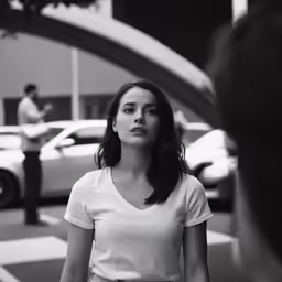 a woman walking down a street talking to someone