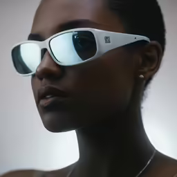a woman wearing white eye glasses, necklace, and ring