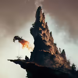 a person is on a cliff with a dragon flying over it