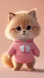 a small cat wearing pink clothes and a small white heart