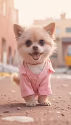 a small dog wearing pink clothes and smiling