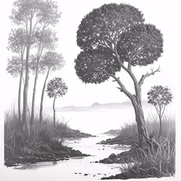 the painting depicts an empty river and trees