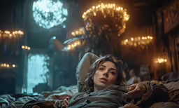 a person laying on top of a bed under lights