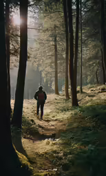 there is a man walking through the forest