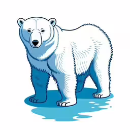 a polar bear is looking at the camera,a polar bear is standing on some water,polar bear standing alone on the ice with blue water,there is a picture of a polar bear that is in blue and white colors,a bear standing next to the water