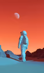 an astronaut is walking in the desert with two planets in the distance