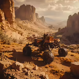 an orange car on a desert terrain with mountains in the background