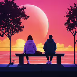 two people are sitting on a bench and watching the sun rise,two people sit on a bench near the sea, while the sun sets