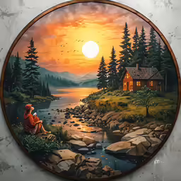a painted picture of a person sitting on a rocky bank