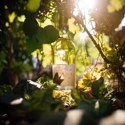 a white vase sits beneath green plants
