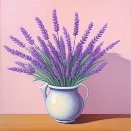 a painting of some purple flowers in a white pitcher