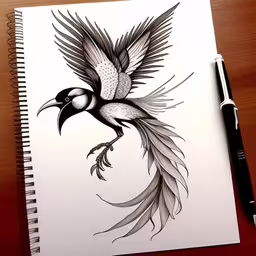 there is a drawing of a bird on a table,a drawing of a bird with wing extended