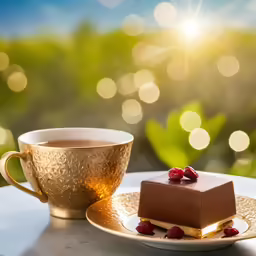 a square slice of chocolate cake sits next to a cup of coffee