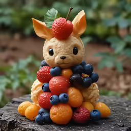 a statue of a rabbit with fruits on his head
