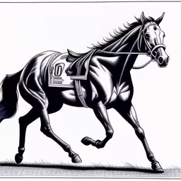 black and white illustration of a horse racing,a drawing of a racing horse that is galloping around the track
