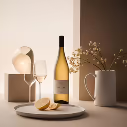 the glass and bottle are on the table with the items