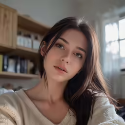 the girl is sitting down wearing a sweater