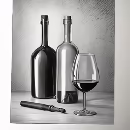 a drawing of a bottle, glass and a pen