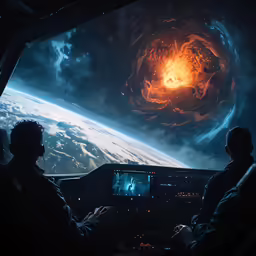 two men sitting in the cockpit of an airplane in front of a fire - swirl