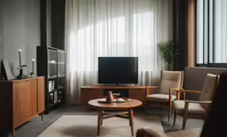 the living room is clean and modern looking