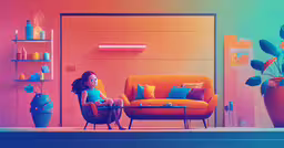 an animated picture of a woman sitting in a brightly lit room with many pillows on the floor,a woman sits in front of the living room door