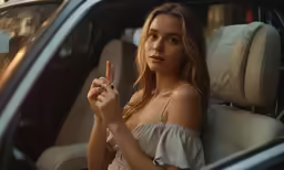 a beautiful young woman sitting in the back seat of a car