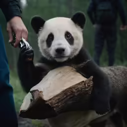 a panda bear sitting on top of a piece of wood