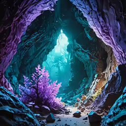 an underwater cave contains many plants and rocks
